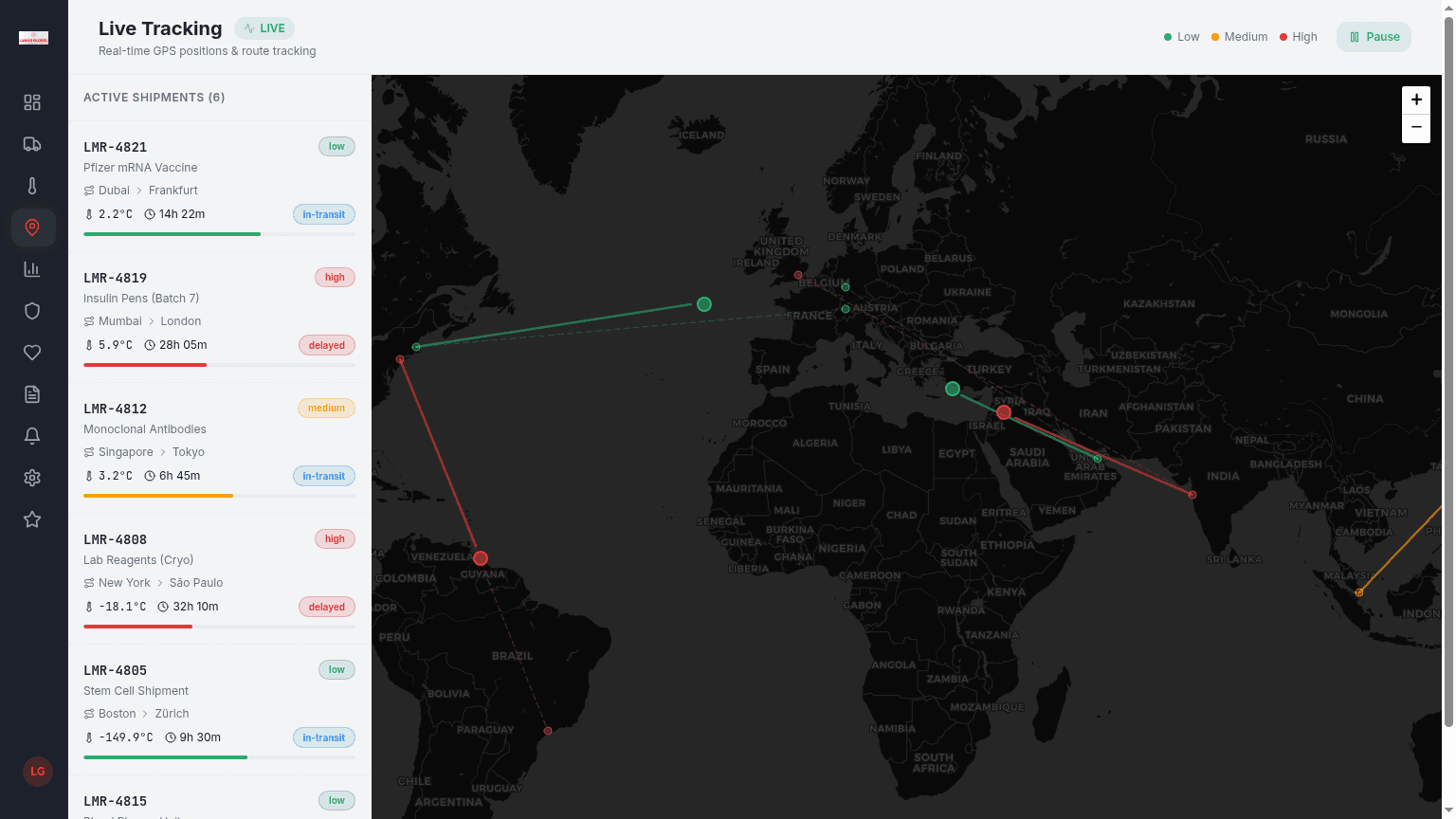 Live tracking with global map and active shipment list